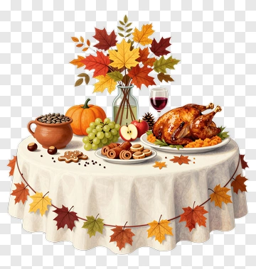 Thanksgiving Dinner Table With Turkey And Autumn Decor PNG