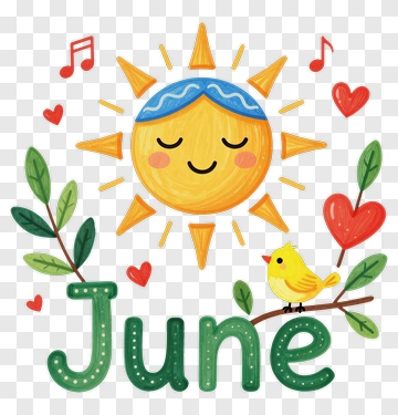 Sun With Smiling Face And June Text PNG