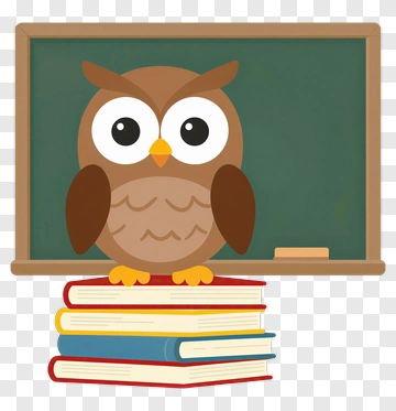 Cartoon Owl On Stacked Books In Front Of A Chalkboard PNG