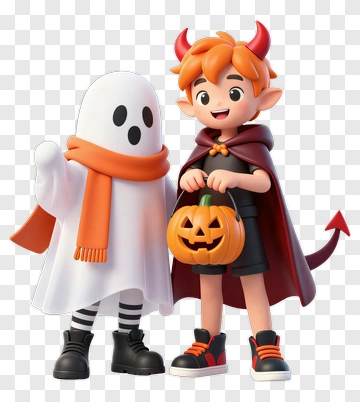 Halloween Ghost And Devil Holding A Candy Bucket PNG