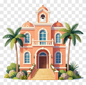 Colorful House Surrounded By Palm Trees PNG