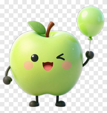 Cartoon Apple Holding A Green Balloon PNG