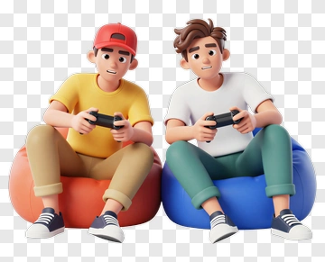 3D Friends Playing Video Games On Bean Bags PNG