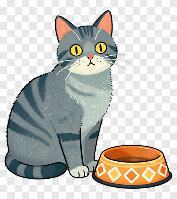 Cartoon Cat Sitting Beside A Food Bowl PNG