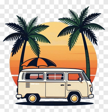 Vintage Van With Palm Trees And Sunset PNG