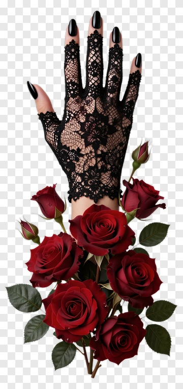 Hand With Black Lace Glove Holding Red Roses PNG