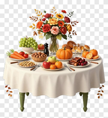 Thanksgiving Table With Autumn Feast And Flowers PNG