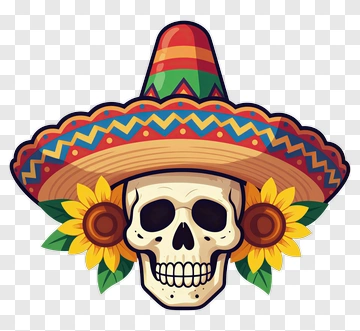 Colorful Skull Wearing A Sombrero With Sunflowers PNG