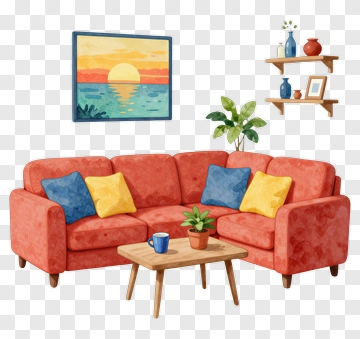 Cozy Living Room With Red Sofa And Coffee Table PNG