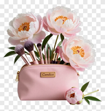 Pink Makeup Bag With Flowers And Brushes PNG