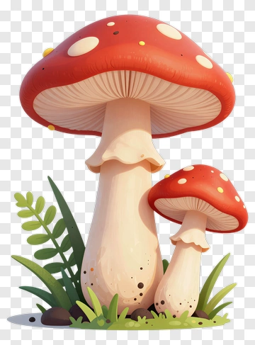 Colorful Cartoon Mushrooms In A Garden PNG