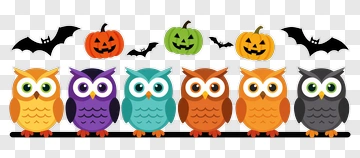 Colorful Cartoon Owls With Halloween Decorations PNG