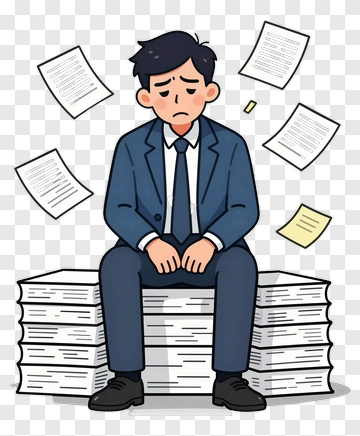 Stressed Businessman Sitting On Stack Of Papers PNG