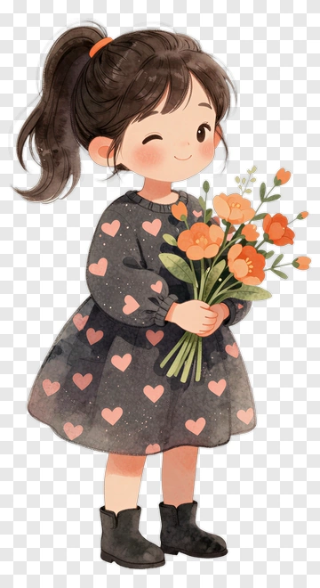 Girl Holding A Bouquet Of Flowers PNG