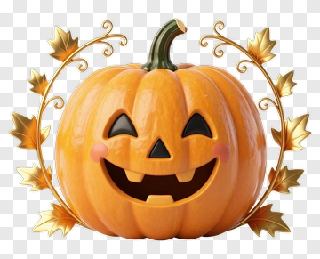 Smiling Halloween Pumpkin With Decorative Leaves PNG