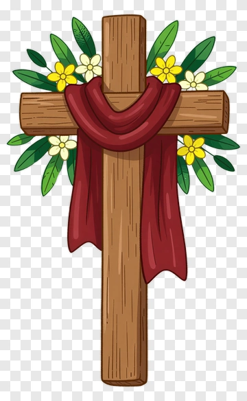 Wooden Cross With Flowers And Red Cloth PNG