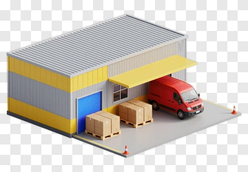 3D Warehouse With Delivery Van And Cargo Boxes PNG