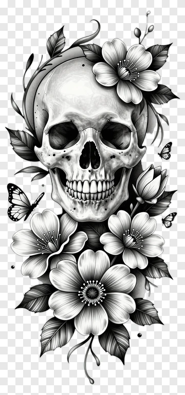 Skull Surrounded By Flowers And Butterflies PNG