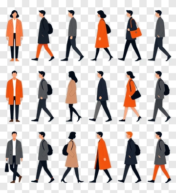 Cartoon People Walking In Various Outfits PNG
