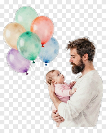 Father Holding Baby With Colorful Balloons PNG
