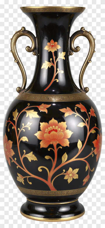 Decorative Black Vase With Floral Design PNG