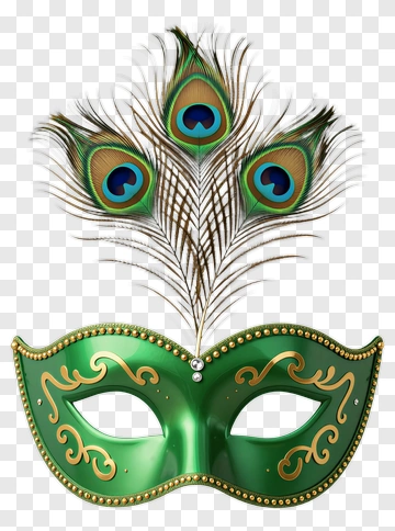 Green Carnival Mask With Peacock Feathers PNG