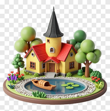 Colorful House With A Pond And Boat PNG