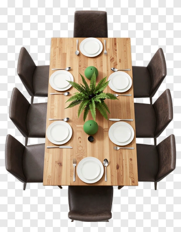 Wooden Dining Table Set With Plates And Green Plant PNG
