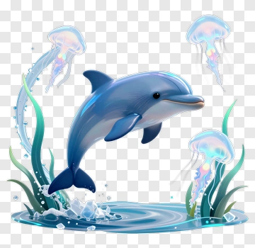 3D Dolphin Jumping Above Water With Jellyfish PNG