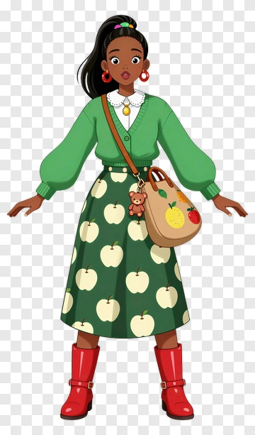 Stylish Woman In Green Sweater And Apple Skirt PNG