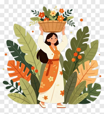 Woman Carrying A Basket Of Flowers PNG