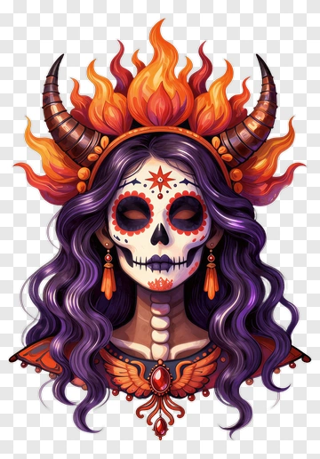 Colorful Skull Woman With Horns And Flames PNG