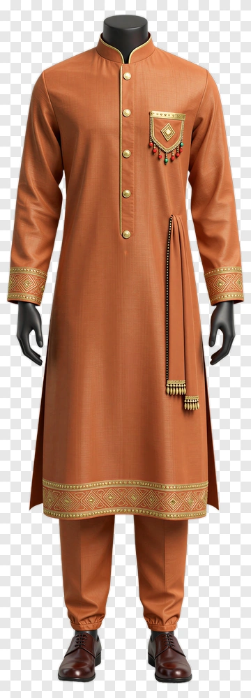 Traditional Brown Kurta With Decorative Elements PNG