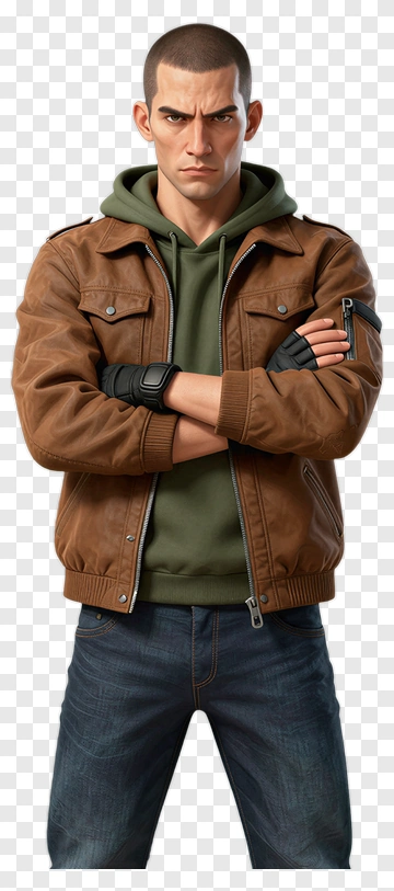 3D Man In Brown Jacket With Crossed Arms PNG