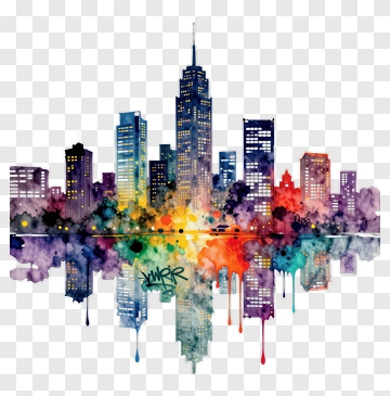 Colorful Watercolor City Skyline Reflection PNG