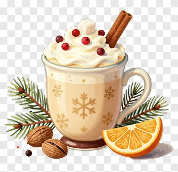Cup Of Creamy Beverage With Orange Slice And Nuts PNG
