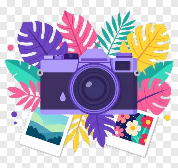 Colorful Camera Surrounded By Tropical Leaves PNG