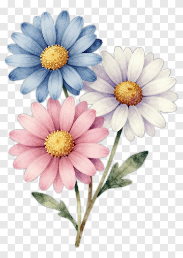 Watercolor Flower Bouquet With Blue, Pink, And White Daisies PNG