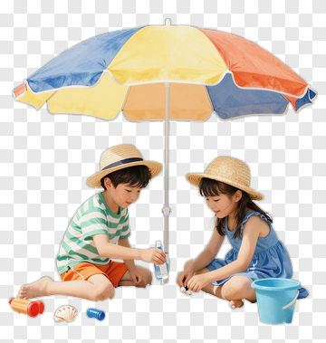 Children Playing Under A Colorful Beach Umbrella PNG