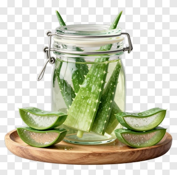 Aloe Vera In Jar With Slices On Wooden Board PNG