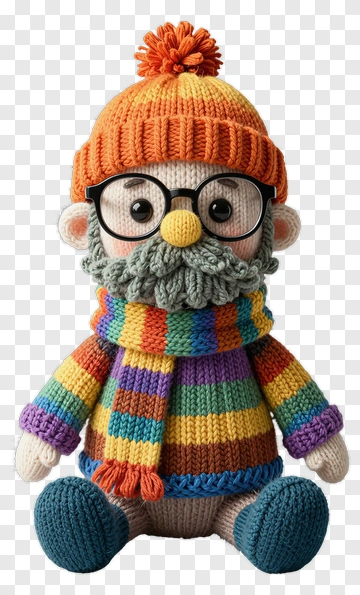 Colorful Crochet Gnome With Glasses And Scarf PNG
