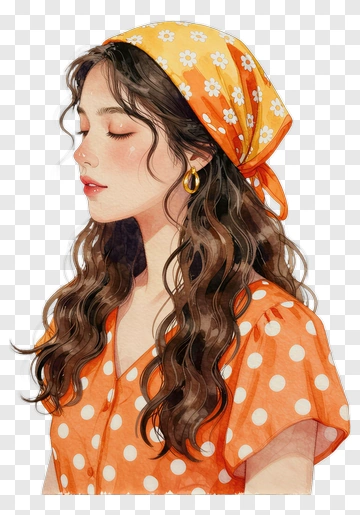 Woman With Long Hair Wearing An Orange Polka Dot Dress PNG