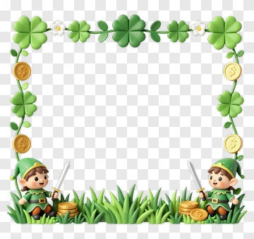 Cartoon Leprechauns With Gold Coins And Clover Frame PNG