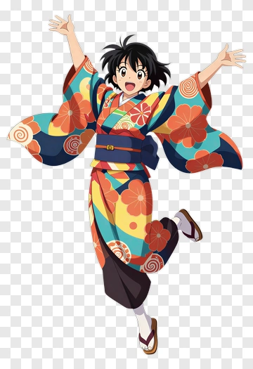 Happy Girl In Colorful Kimono PNG
