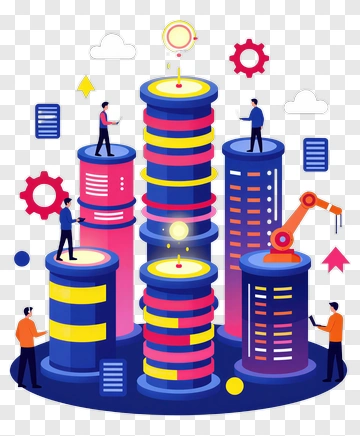 Colorful Data Center With People And Robotic Arm PNG
