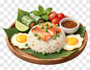 Delicious Salmon Rice Dish With Fresh Vegetables PNG