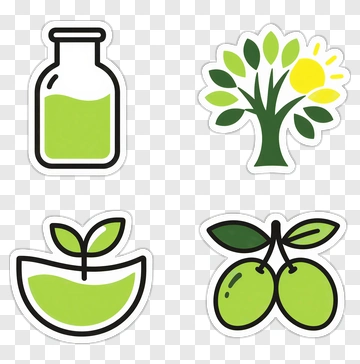 Green Nature Icons Featuring A Tree, Bottle, And Leaves PNG