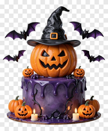 Halloween Pumpkin Cake With Bats And Candles PNG