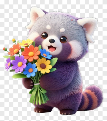 Cute Cartoon Red Panda Holding A Bouquet Of Flowers PNG