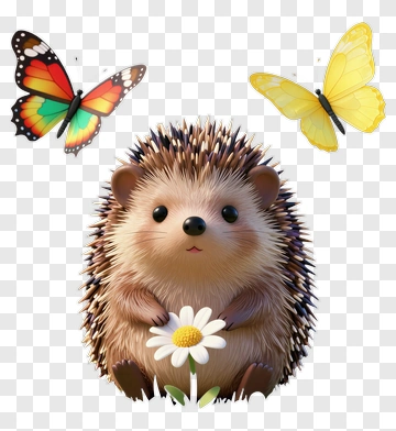 Cute Hedgehog Holding A Flower With Butterflies PNG